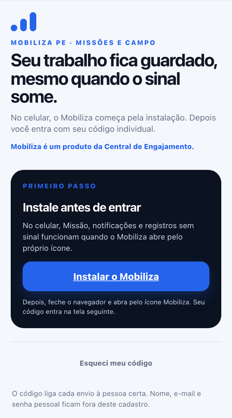 Tela de entrada do aplicativo Mobiliza no celular