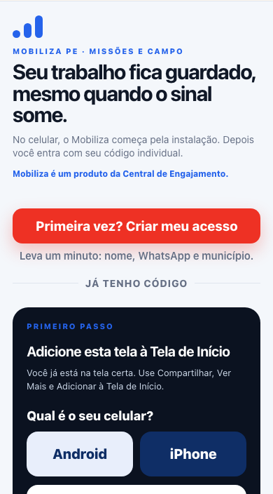 Tela de entrada do aplicativo Mobiliza no celular