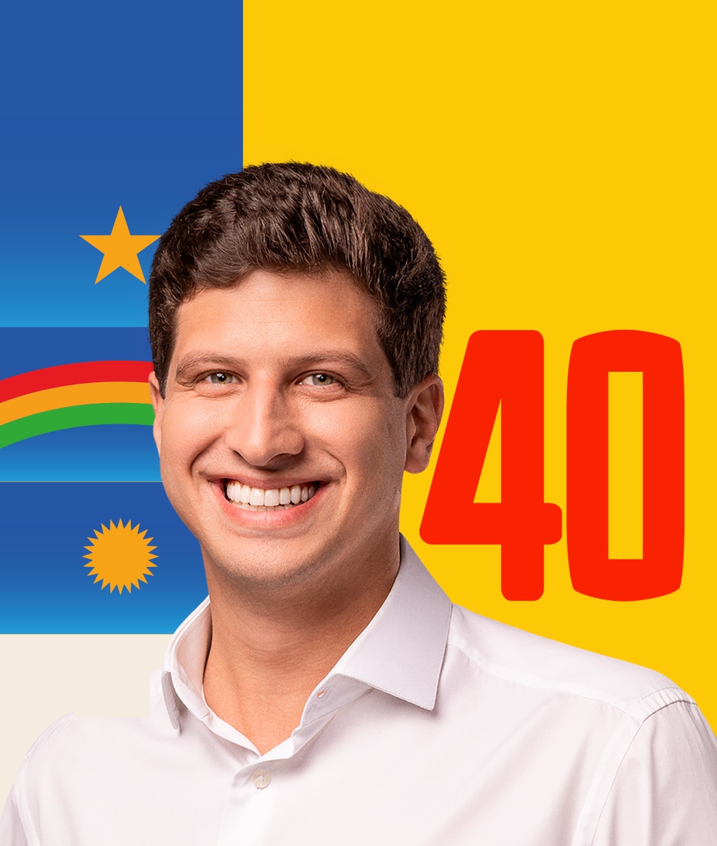 Arte oficial da campanha: João Campos sorrindo ao lado da bandeira de Pernambuco e do número 40